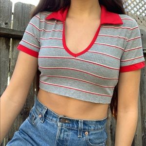 Grey, red, and white striped cropped collared tee